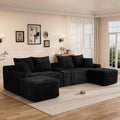 127" U-Shaped Cloud Boneless Sectional Couch, Compressed Oversized Modular Sectional Sofas with USB & Storge Console, Fluffy Corduroy Boneless Couches for Living Room with 2 Ottomans, Black