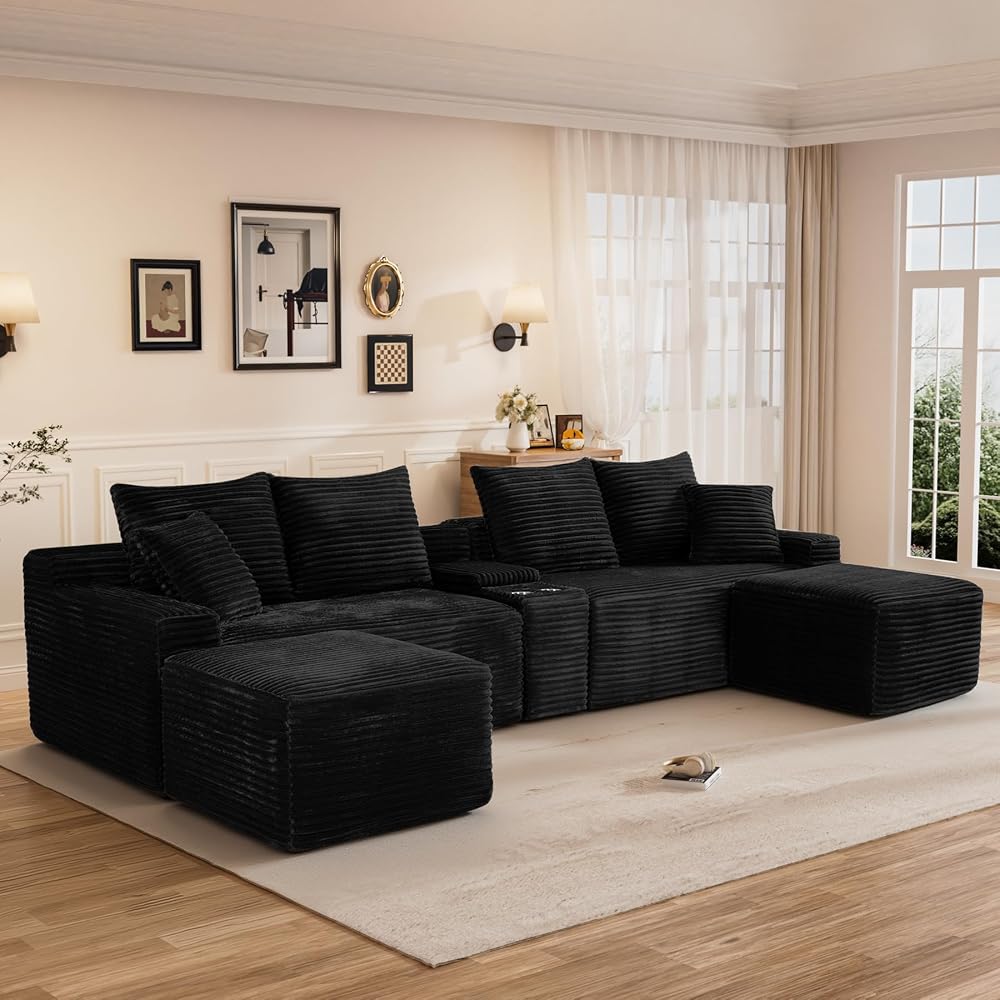 127" U-Shaped Cloud Boneless Sectional Couch, Compressed Oversized Modular Sectional Sofas with USB & Storge Console, Fluffy Corduroy Boneless Couches for Living Room with 2 Ottomans, Black