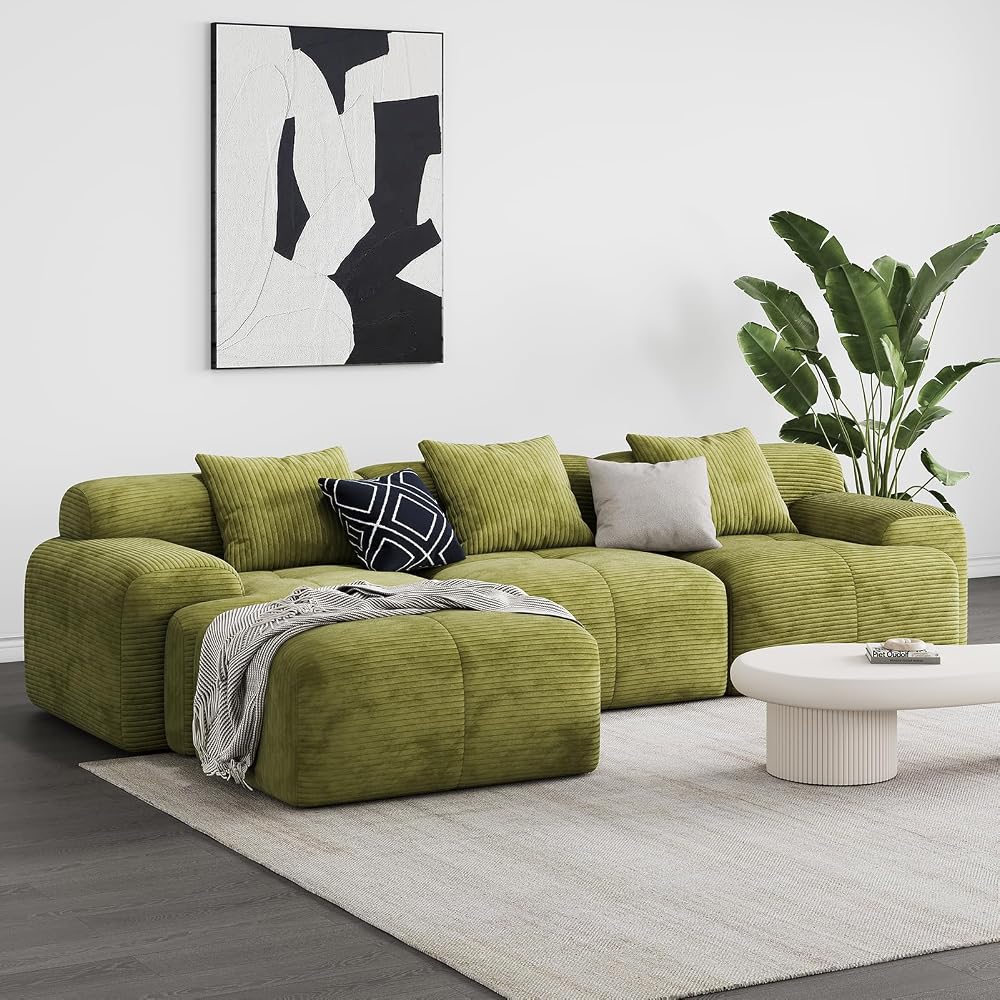118" Oversized 3-Seater L-Shaped Boneless Couch for Living Room, Comfortable Corduroy Modular Sectional Sofa Cloud Couch with Movable Ottoman, No Assembly Required(Green)