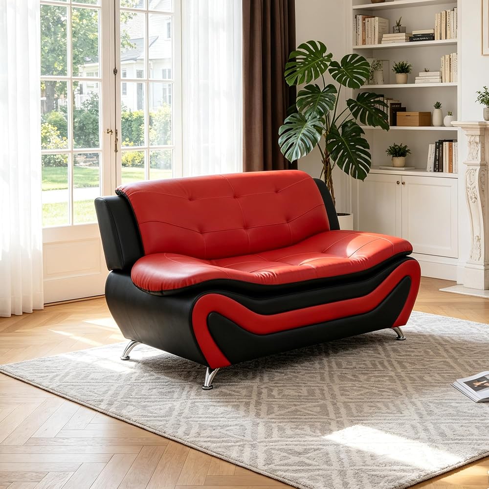 60" Leather Sofa Loveseat Couches for Living Room，Red&Black