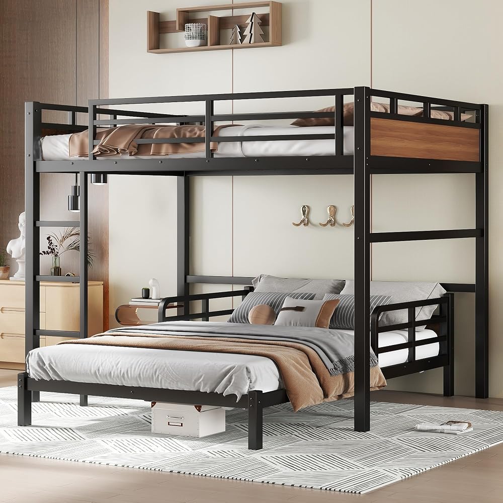 Bellemave Full XL Over Full XL Bunk Bed, Separable Bunk Beds for Kids, Converts to Loft Bed & Platform Bed, Heavy Duty Metal Bunkbed with Guardrails, No Box Spring Needed, Walnut