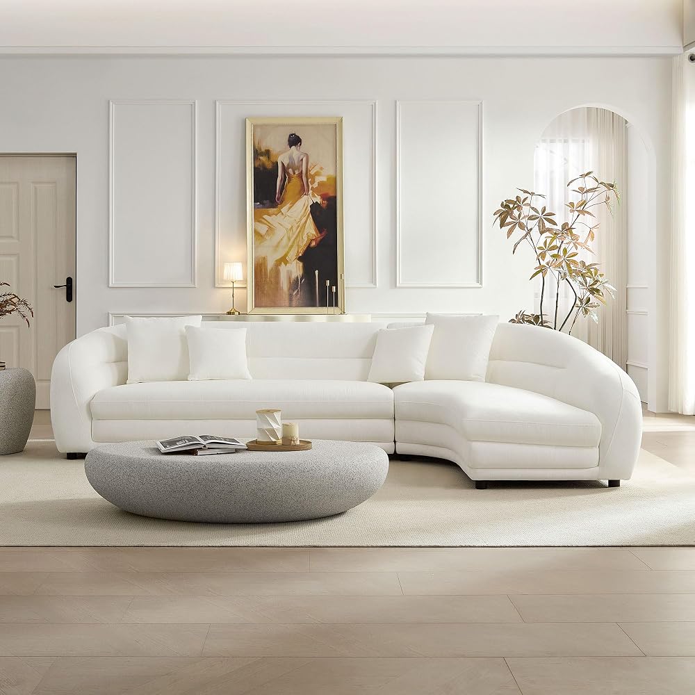 KEIKI 125" Curved Oversized Boucle Modular Sectional Sofa with Right Chaise, Upholstered 4-Seater Comfy Couch with 40D High-Density Rebound Foam & 4 Pillows, Easy Assembly, for Living Room, White