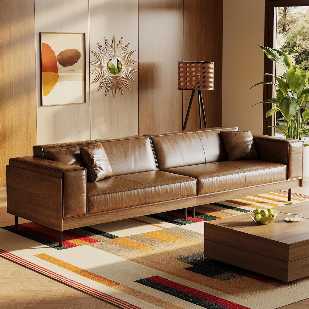 110.24" Brown Leather Couch, 4 Seater Faux Leather Sofa